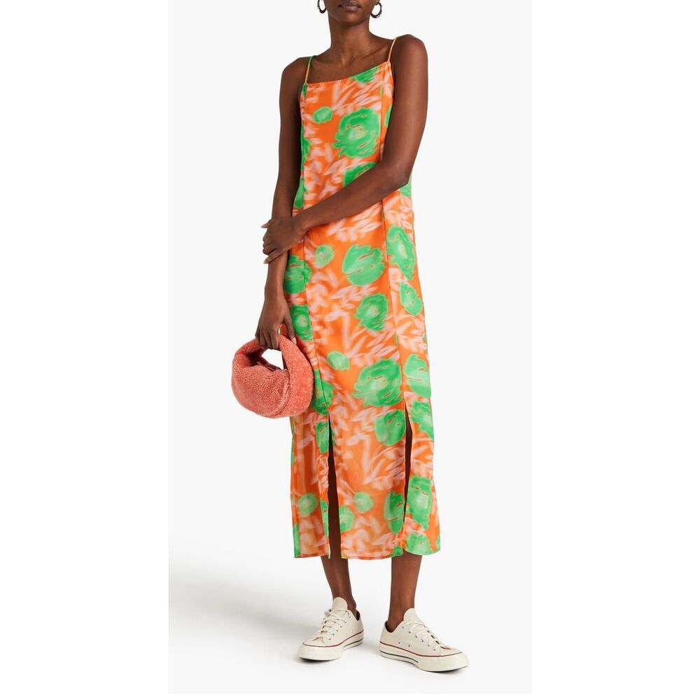 GANNI Orange Printed Slip Midi Dress